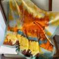 Lussuoso sciarpa di seta con paesaggio d'arte elegante foulard quadrato da donna moda - blu e giallo