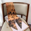 Retro Stile Cinese Lungo Stretto Foulard di Seta Stampa Vintage Nastro Capelli Elegante - Kaki