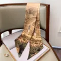 Sciarpa twilly di seta con stampa paesaggio retro, elegante foulard sottile da donna. - Kaki