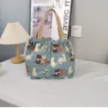 Cute cat print canvas tote bag, casual shoulder handbag with drawstring for daily use. - Blue Kitten