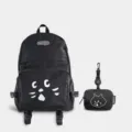 Black large capacity cartoon cat backpack set, cute student school bag with mini pouch. - Black