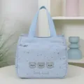 Light blue canvas tote bag with cute star print and bear embroidery for daily commuting. - Blue