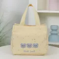 Cute yellow star print canvas tote bag with cute bear embroidery, portable lunch handbag. - Yellow