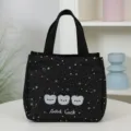 Black Starry Print Canvas Tote Bag Cute Bear Patchwork Casual Handbag Small Lunch Bag SKU - Black