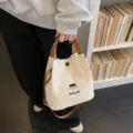 Korean cartoon embroidered canvas bucket bag, stylish casual crossbody handbag for daily use. - Off White