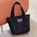 Simple black PU tote bag, versatile waterproof lunch handbag for daily office work and travel use. - Black