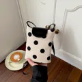 Mini polka dot canvas shoulder bag bucket bag fashion casual crossbody bag for women daily use - White