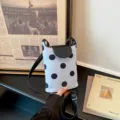 Fresh polka dot linen shoulder bag with black flap and strap, stylish daily casual bucket bag. - Blue