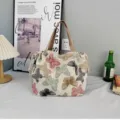 Canvas tote bag, vintage butterfly print shoulder handbag, casual large capacity shopping bag - Off-white Butterfly