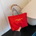 Korean style canvas handbag, bright red bag with colorful rope handle, practical daily use bag - Red