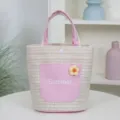 Straw Woven Tote Bag Summer Beach Bucket Bag with Pink Pocket and Cute Flower Decoration SKU - Pink