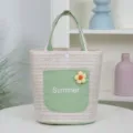 Straw woven handbag bucket bag canvas patchwork tote bag summer casual beach shoulder bag - Green