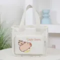 Cute capybara canvas lunch bag, thick insulated tote bag with front pocket for daily use. - White