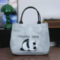 Casual denim texture canvas PU tote bag cartoon panda print cute lunch handbag for daily use - Lying Flat