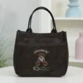Dark brown PU tote bag large capacity commuter bento lunch bag with cute bear patch. - Brown
