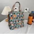 Cute owl print canvas lunch bag, portable daily tote handbag for work school picnic use. - Owl