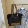 Korean style minimalist canvas tote bag with brown PU handles and bottom for daily commuting. - Black