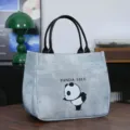 Cartoon panda print PU leather handbag, cute canvas textured lunch tote bag for daily use. - Ballet