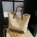 Canvas tote bag for women, minimalist casual shoulder bag, daily commuting handbag with contrast color. - Khaki