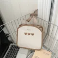 Cute toast shape canvas tote bag with bear embroidery and handle for daily casual use. - S / Off White