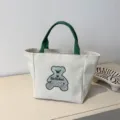Casual canvas tote bag for women, stylish green handle shopper bag with cute bear print. - Milky White