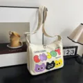 Borsa a tracolla in tela da donna, grande capacità stampa gatto carino borsa casual. - Bianco avorio
