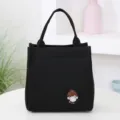 Black canvas lunch bag, cute cartoon girl patch, large capacity bento tote for daily use. - Black
