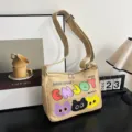 Casual canvas shoulder bag with cute cat prints and colorful text, large capacity, spacious. - Khaki