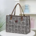 Casual brown patterned tote bag, large capacity canvas shoulder handbag for daily use. - Khaki