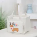 White canvas lunch bag with cute reindeer cartoon print, portable bento tote for daily use. - White