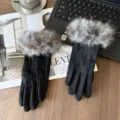 Dames winter warme handschoenen pluche bont manchet zwarte suède drie ribben design stijlvol - Eén maat / Zwart