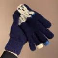 Donkerblauwe winter gebreide handschoenen met schattig puppy patroon en warme touchscreen variant. - Eén maat / Marineblauw
