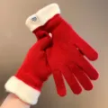 Women winter knitted gloves red white color block touchscreen warm cold weather thermal mittens - One Size / Red