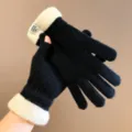 Women colorblock knit gloves winter warm touch screen gloves black white fleece cuff gloves - One Size / Black
