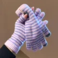 Roze paarse gestreepte gebreide handschoenen voor dames, warme winter touchscreen. - Eén maat / Paars