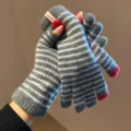 Retro grijs rode gestreepte lange gebreide handschoenen voor dames, winter warm dik touchscreen - Eén maat / Grijs
