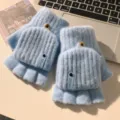 Lichtblauwe omvormbare pluche handschoenen, warm gebreid vingerloos ontwerp voor dames. - Eén maat / Blauw
