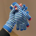 Blue white striped knit gloves winter warm fleece lined thermal mittens soft cozy womens gloves - One Size / Blue