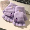 Women winter flip top plush half finger knit gloves warm thick winter fingerless gloves - One Size / Purple