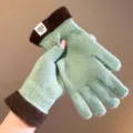 Korean color-block knit gloves women winter warm touch screen split finger mittens - One Size / Green