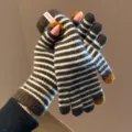 Brown and white striped knit touchscreen gloves, warm winter gloves with finger design. - One Size / Coffee