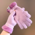 Women winter pink color-block knitted gloves, soft warm split finger touch screen design. - One Size / Purple