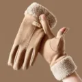 Women fleece lined touch screen gloves, khaki suede winter warm gloves with plush cuff. - One Size / Khaki