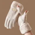 Women winter warm fleece-lined fingerless gloves, retro thick windproof thermal gear. - One Size / Off White