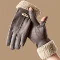 Women's brown fleece-lined split-finger gloves with plush cuffs, warm and stylish winter gear. - One Size / Gray