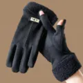 Women winter warm fleece lined touch screen gloves black vintage thermal riding gloves - One Size / Black