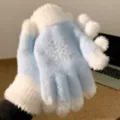 Winter pluche gebreide handschoenen voor dames, warme dikke wanten met strass sneeuwvlokken. - Eén maat / Sneeuwvlok steentjes / Blauw