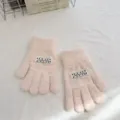 Cute pink fuzzy knit gloves detail showing soft texture and sweet heart label design. - One Size / Light Pink