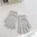 Children warm knitted gloves autumn winter fuzzy five finger gloves solid color cute label patch - One Size / Light Gray