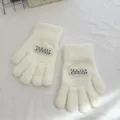 Kids white knit gloves detail cozy fuzzy winter warm stretchy fingered gloves label decor - One Size / Cream